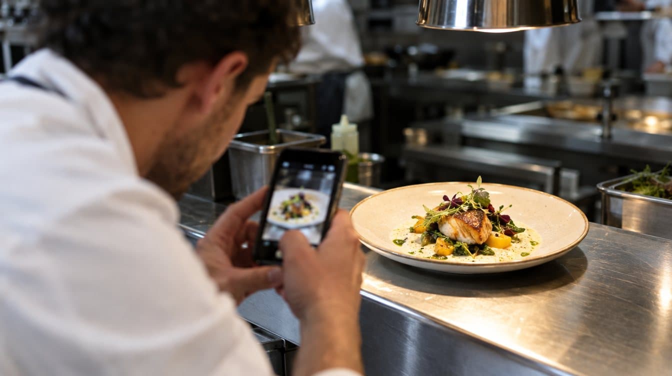 Un chef photographie un plat avec son smartphone